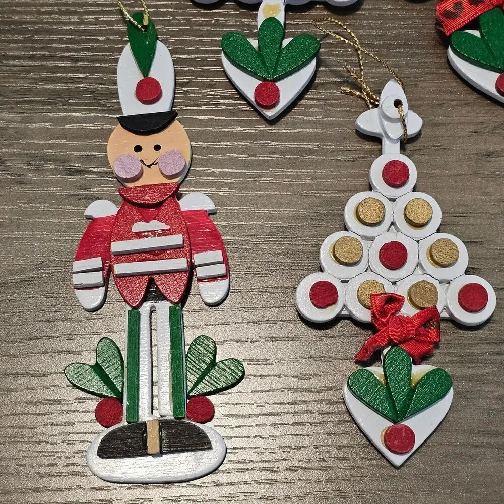 Vintage Wooden Christmas Ornaments 80s Nutcrackers Christmas Trees Hand Painted